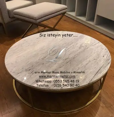 İtalyan Beyaz Carrara Mermer Yuvarlak Orta Sehpa Modeli ORTA-5044